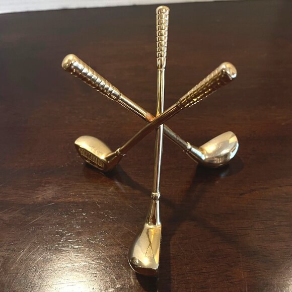 Mini Gold-Plated Golf Club Crossed Desk Business Card holder or Ornament - 4" - - Picture 2 of 8